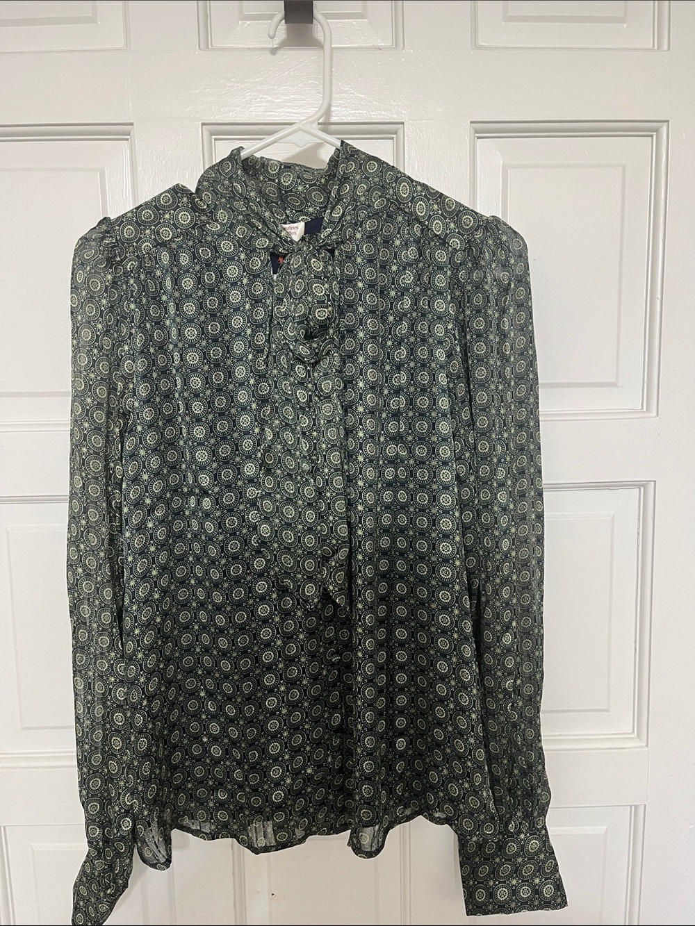 Printed Tie-Neck Blouse Jacket in Dark Green